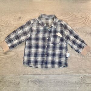 NWT NEW M.Latin Hippo Patch Plaid Flannel Navy Beige Kids Shirt Snaps 90cm 2T-3T